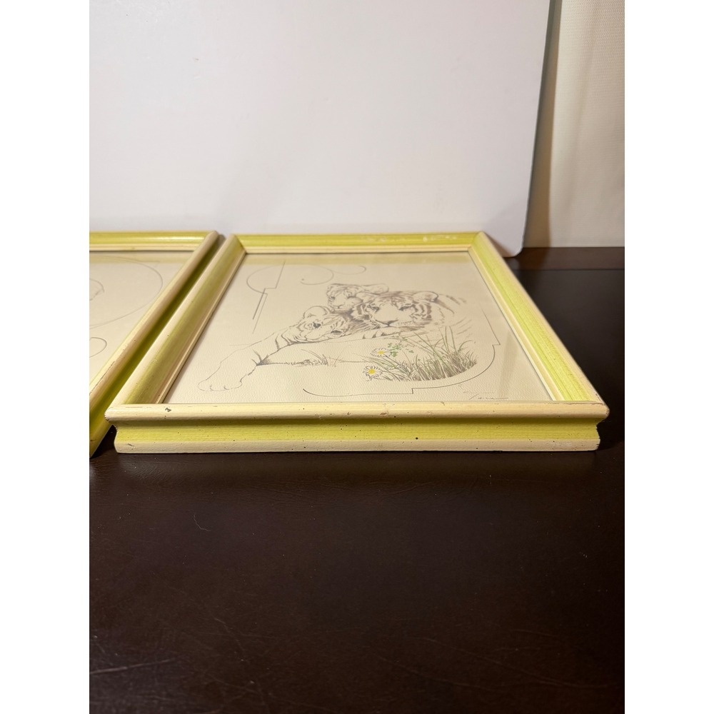 Vintage Tara Signed Wildlife Art Prints Set 2 Tiger Elephant Framed 11x13 Green - Picture 12 of 16